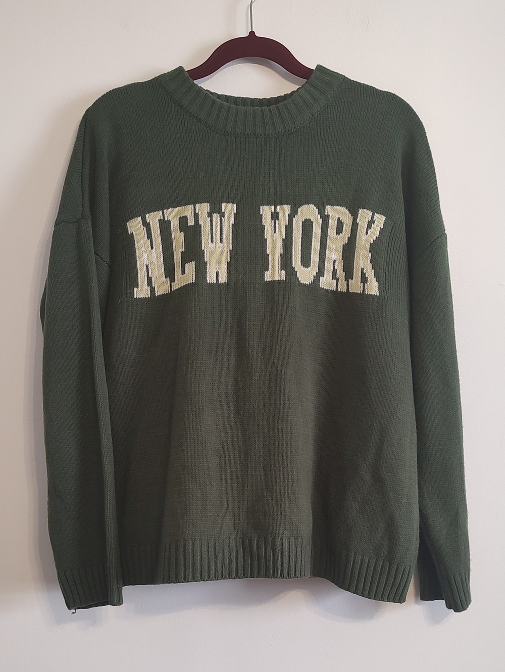 Olive Green Crewneck Sweater with Cream NEW YORK Lettering - Picture 1 of 3